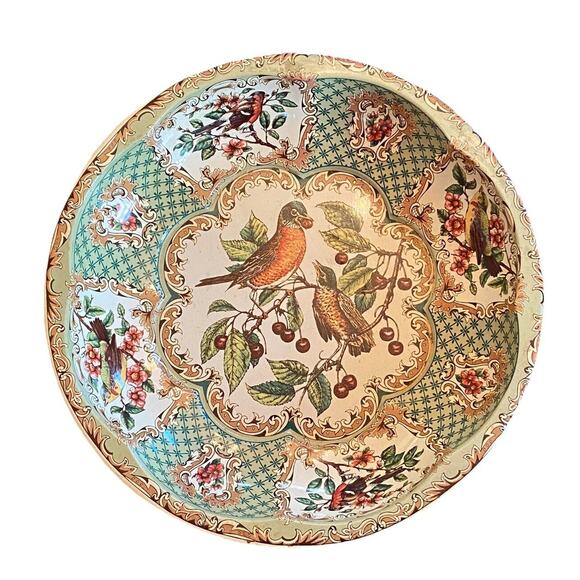 1971 Daher Decorated Ware Scalloped 10” Tin Bowl England Birds Berries 11101 - Picture 2 of 12